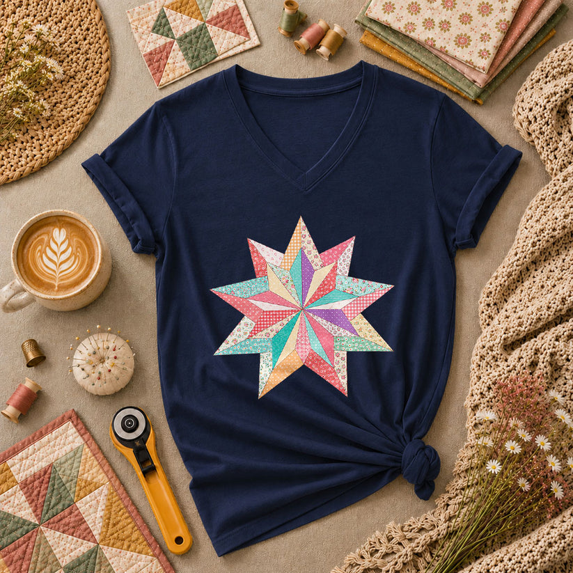 Colorful Patchwork Star Quilt Block Women's V-Neck - Navy