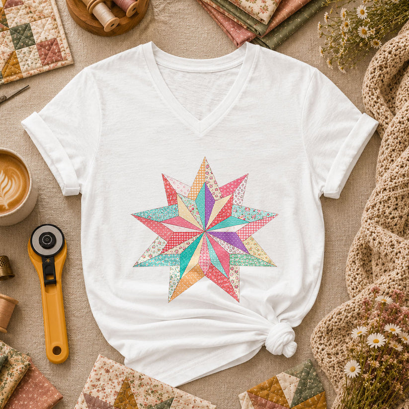 Colorful Patchwork Star Quilt Block Women's V-Neck - White