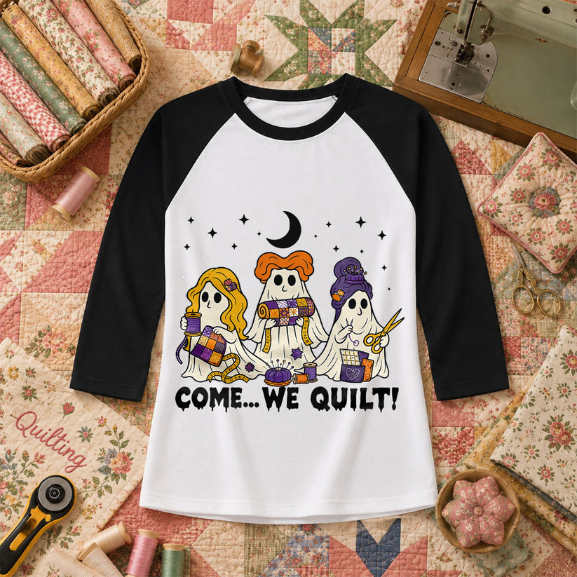 Come We Quilt Ghost Halloween Raglan Sleeve - Black