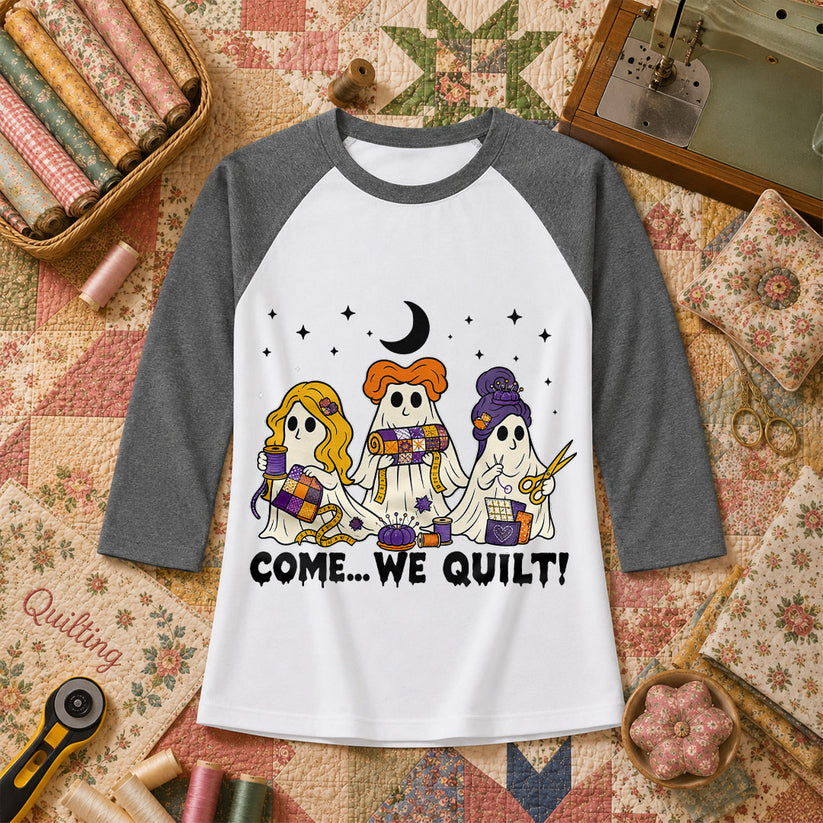 Come We Quilt Ghost Halloween Raglan Sleeve - Deep Heather
