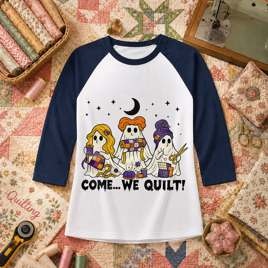 Come We Quilt Ghost Halloween Raglan Sleeve - Navy
