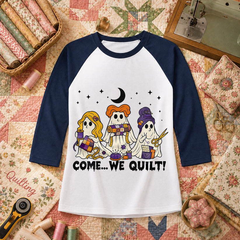 Come We Quilt Ghost Halloween Raglan Sleeve - Navy