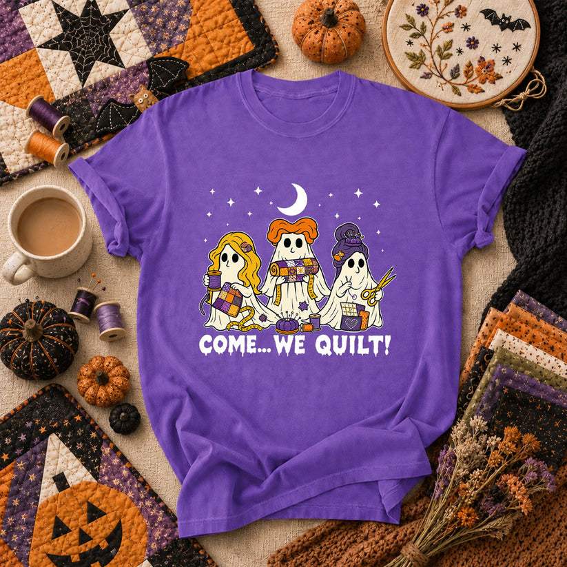 Come We Quilt Ghost Halloween T-Shirt - Heather Team Purple