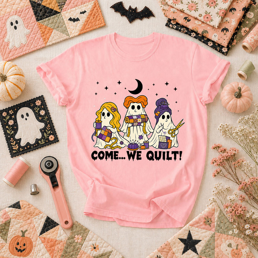Come We Quilt Ghost Halloween T-Shirt - Pink