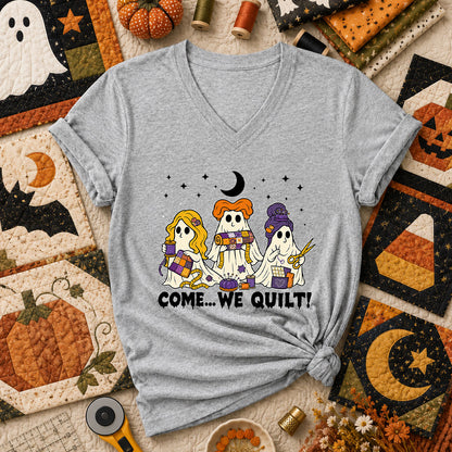 Come We Quilt Ghost Halloween Women's V-Neck - Athletic Heather