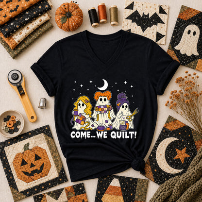 Come We Quilt Ghost Halloween Women's V-Neck - Black