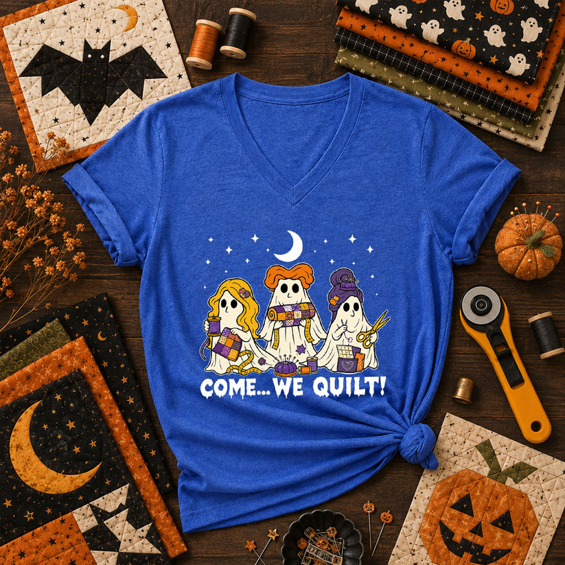 Come We Quilt Ghost Halloween Women's V-Neck - Heather True Royal