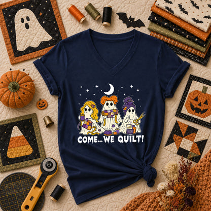 Come We Quilt Ghost Halloween Women's V-Neck - Navy
