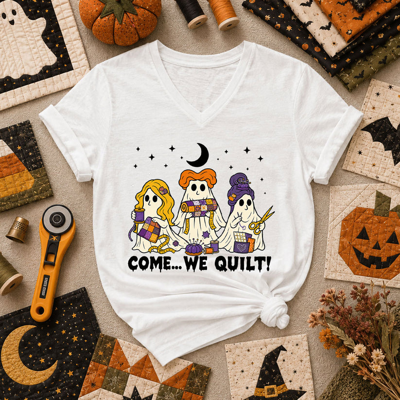 Come We Quilt Ghost Halloween Women's V-Neck - White