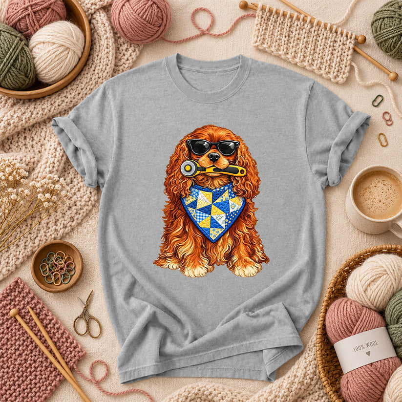 Cool Spaniel With Rotary Cutter And Quilt Bandana T-Shirt - Athletic Heather