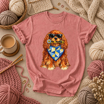 Cool Spaniel With Rotary Cutter And Quilt Bandana T-Shirt - Heather Mauve