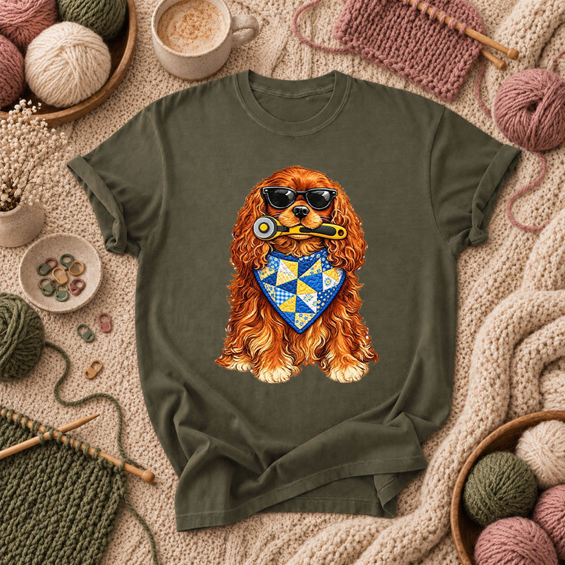 Cool Spaniel With Rotary Cutter And Quilt Bandana T-Shirt - Military Green