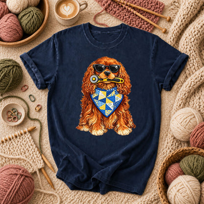 Cool Spaniel With Rotary Cutter And Quilt Bandana T-Shirt - Navy