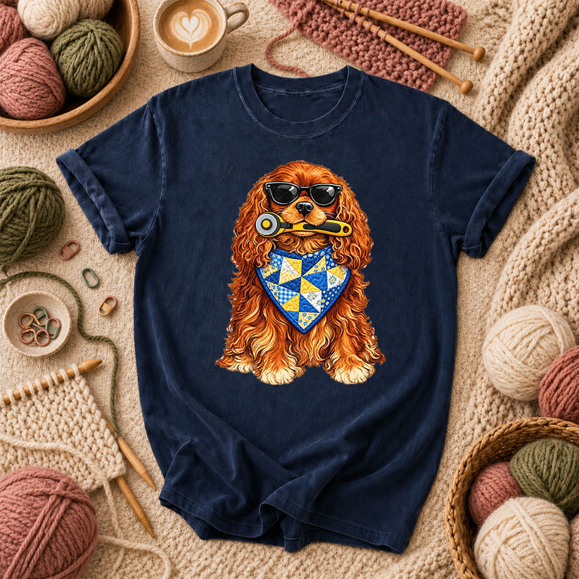 Cool Spaniel With Rotary Cutter And Quilt Bandana T-Shirt - Navy