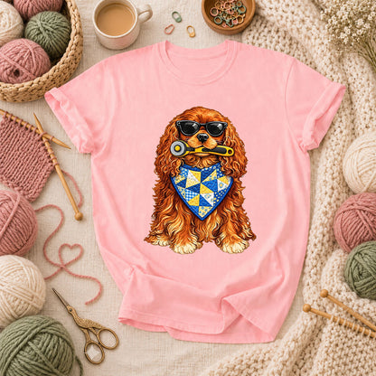 Cool Spaniel With Rotary Cutter And Quilt Bandana T-Shirt - Pink