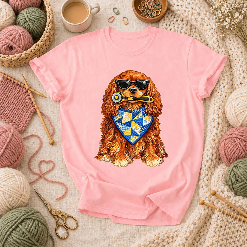 Cool Spaniel With Rotary Cutter And Quilt Bandana T-Shirt - Pink