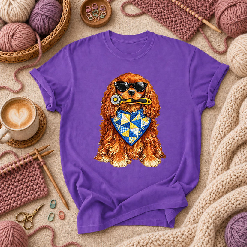 Cool Spaniel With Rotary Cutter And Quilt Bandana T-Shirt - Purple