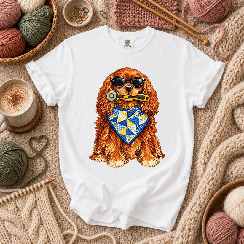 Cool Spaniel With Rotary Cutter And Quilt Bandana T-Shirt - White