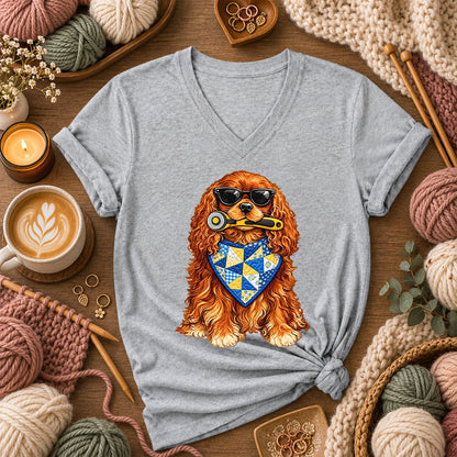 Cool Spaniel With Rotary Cutter And Quilt Bandana Women's V-Neck - Athletic Heather