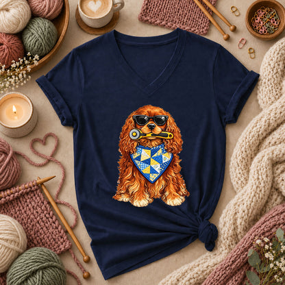 Cool Spaniel With Rotary Cutter And Quilt Bandana Women's V-Neck - Navy