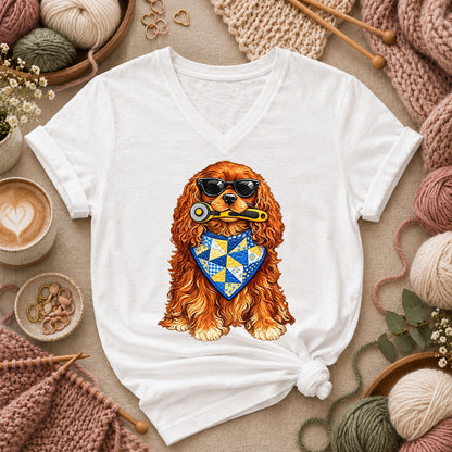 Cool Spaniel With Rotary Cutter And Quilt Bandana Women's V-Neck - White