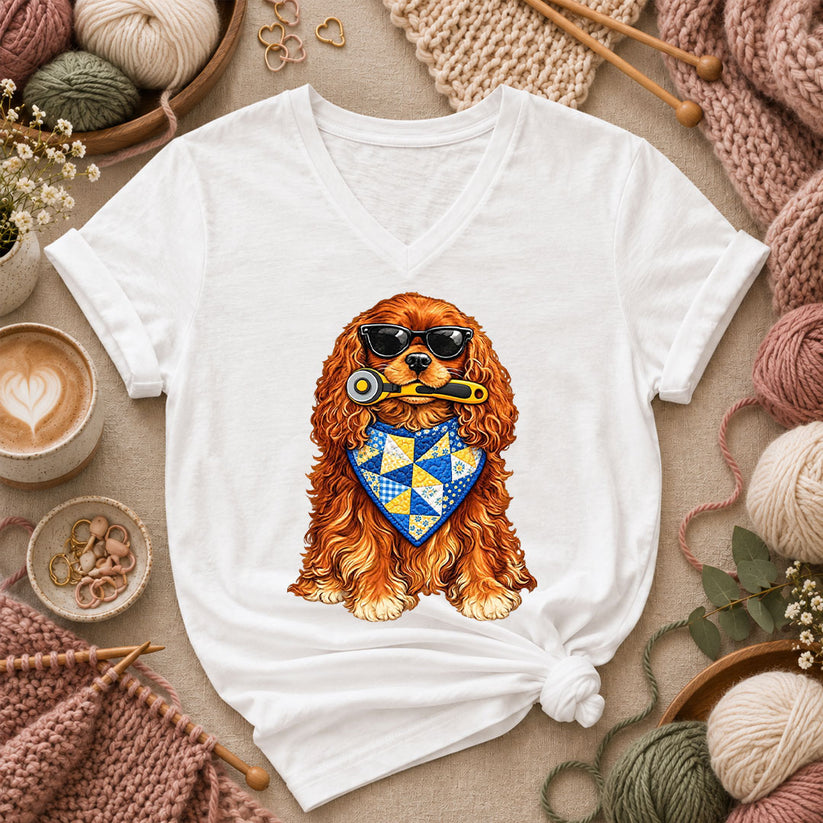 Cool Spaniel With Rotary Cutter And Quilt Bandana Women's V-Neck - White