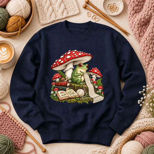 Cottagecore Frog Knitting Under Mushroom Long Sleeve - Navy