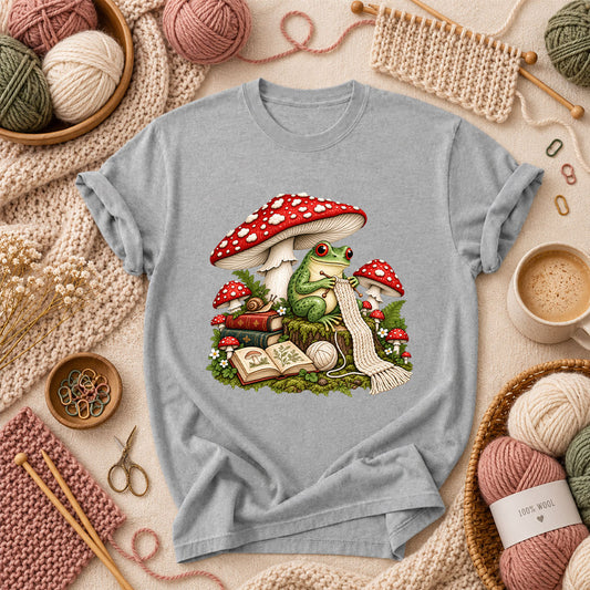 Cottagecore Frog Knitting Under Mushroom T-Shirt - Athletic Heather