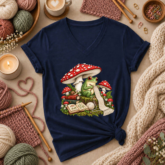 Cottagecore Frog Knitting Under Mushroom Women's V-Neck - Navy