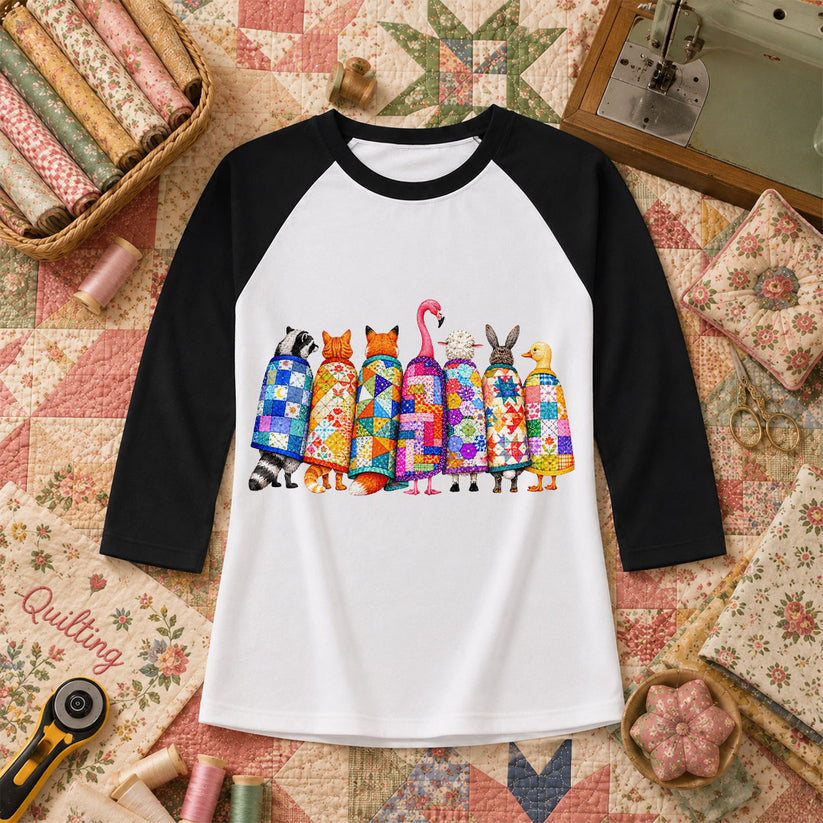 Cozy Quilted Animals Patchwork Friends Raglan Sleeve - Black