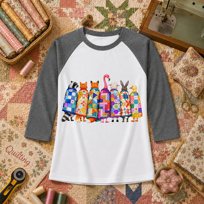 Cozy Quilted Animals Patchwork Friends Raglan Sleeve - Deep Heather