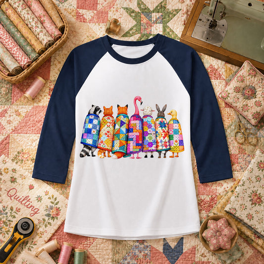 Cozy Quilted Animals Patchwork Friends Raglan Sleeve - Navy