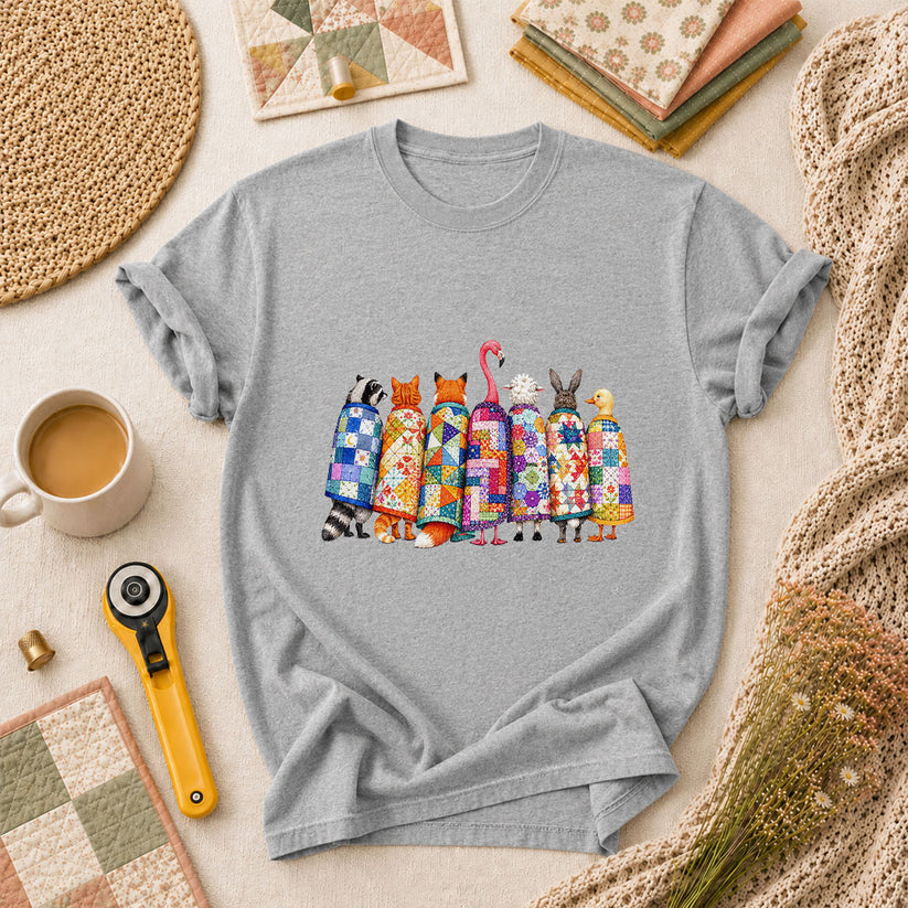 Cozy Quilted Animals Patchwork Friends T-Shirt - Athletic Heather
