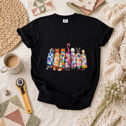 Cozy Quilted Animals Patchwork Friends T-Shirt - Black