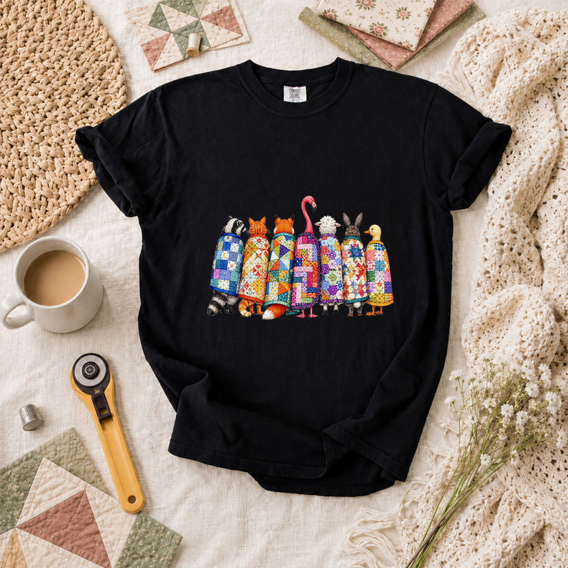 Cozy Quilted Animals Patchwork Friends T-Shirt - Black