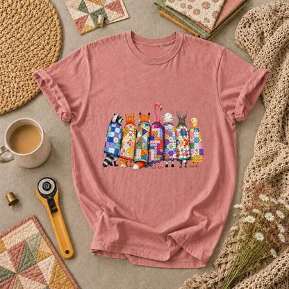 Cozy Quilted Animals Patchwork Friends T-Shirt - Heather Mauve