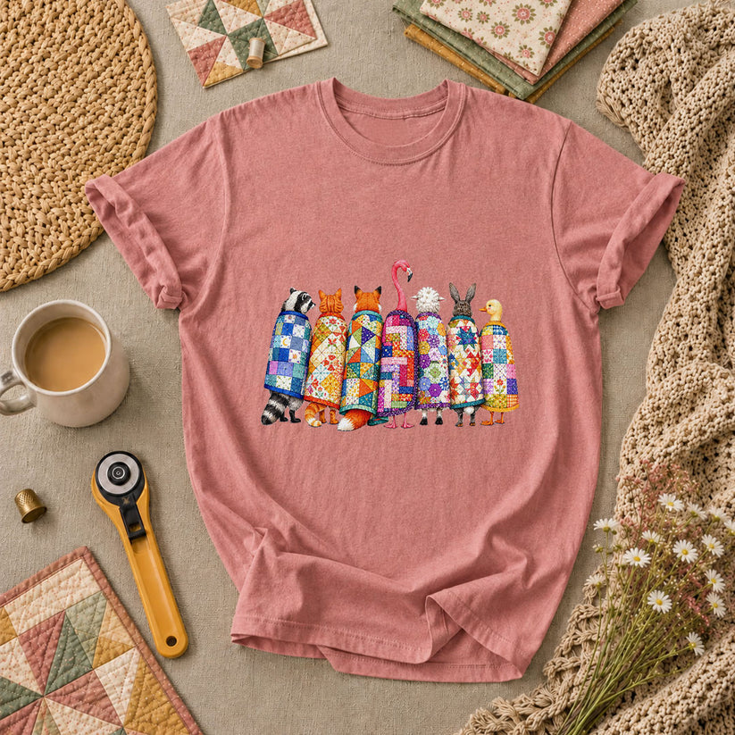 Cozy Quilted Animals Patchwork Friends T-Shirt - Heather Mauve