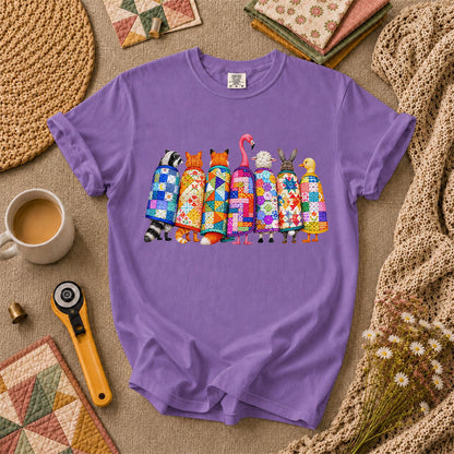 Cozy Quilted Animals Patchwork Friends T-Shirt - Heather Team Purple