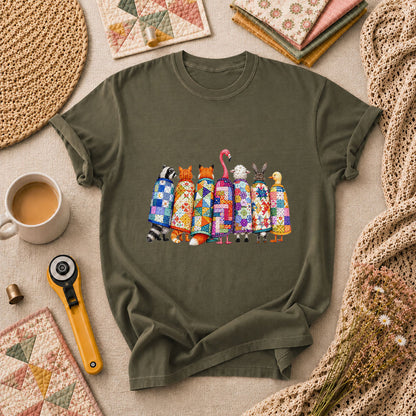Cozy Quilted Animals Patchwork Friends T-Shirt - Military Green