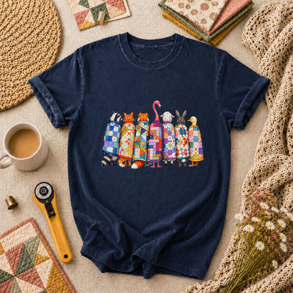 Cozy Quilted Animals Patchwork Friends T-Shirt - Navy