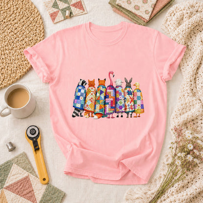 Cozy Quilted Animals Patchwork Friends T-Shirt - Pink