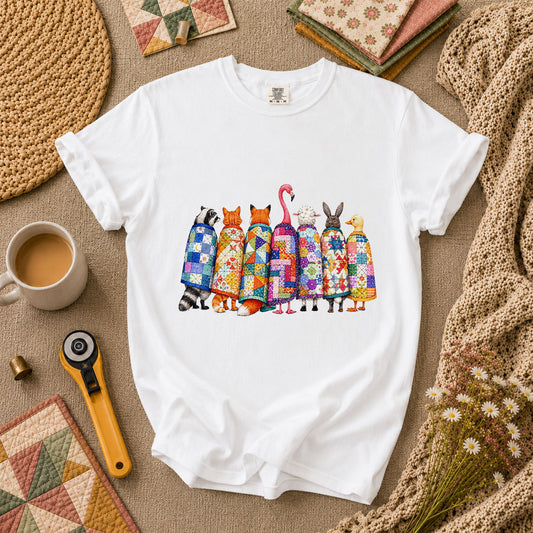 Cozy Quilted Animals Patchwork Friends T-Shirt - White