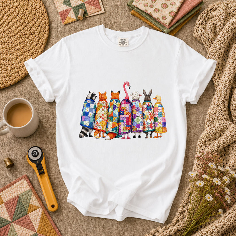 Cozy Quilted Animals Patchwork Friends T-Shirt - White