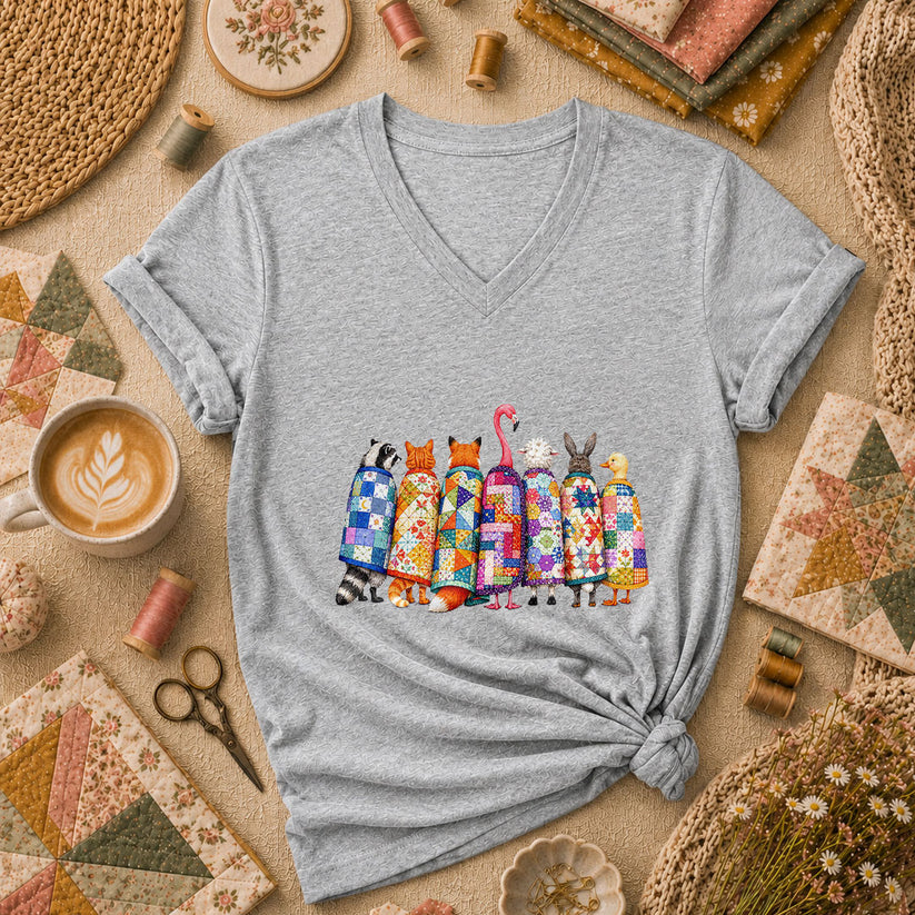 Cozy Quilted Animals Patchwork Friends Women's V-Neck - Athletic Heather