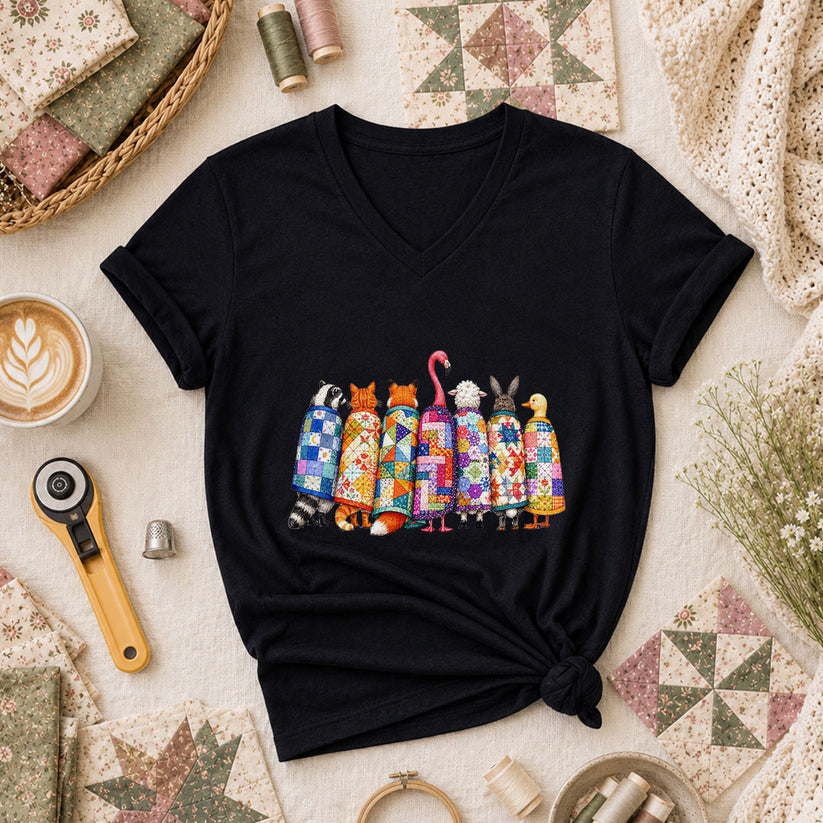 Cozy Quilted Animals Patchwork Friends Women's V-Neck - Black