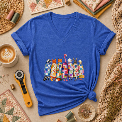 Cozy Quilted Animals Patchwork Friends Women's V-Neck - Heather True Royal