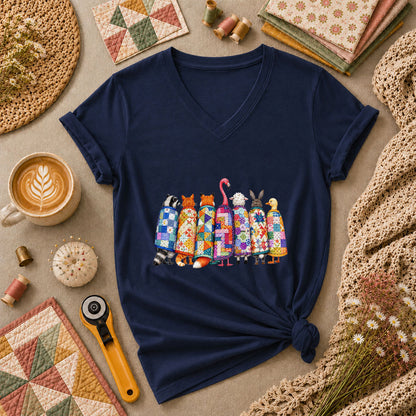 Cozy Quilted Animals Patchwork Friends Women's V-Neck - Navy