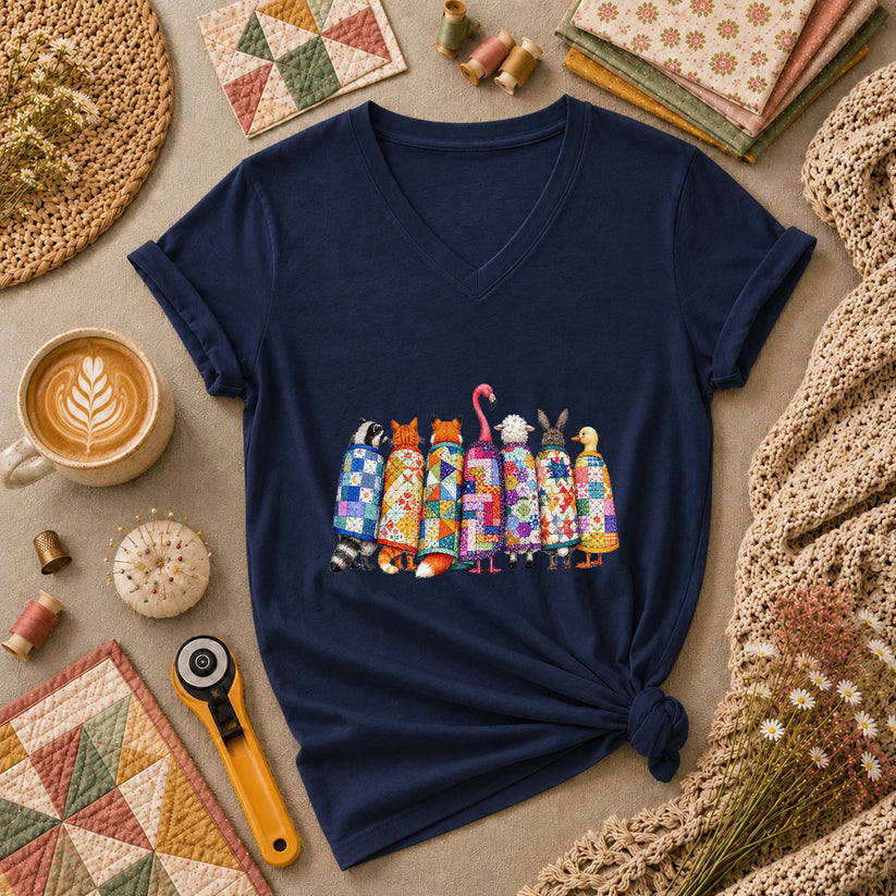 Cozy Quilted Animals Patchwork Friends Women's V-Neck - Navy