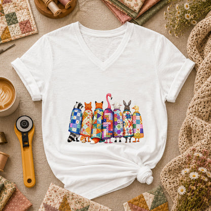 Cozy Quilted Animals Patchwork Friends Women's V-Neck - White