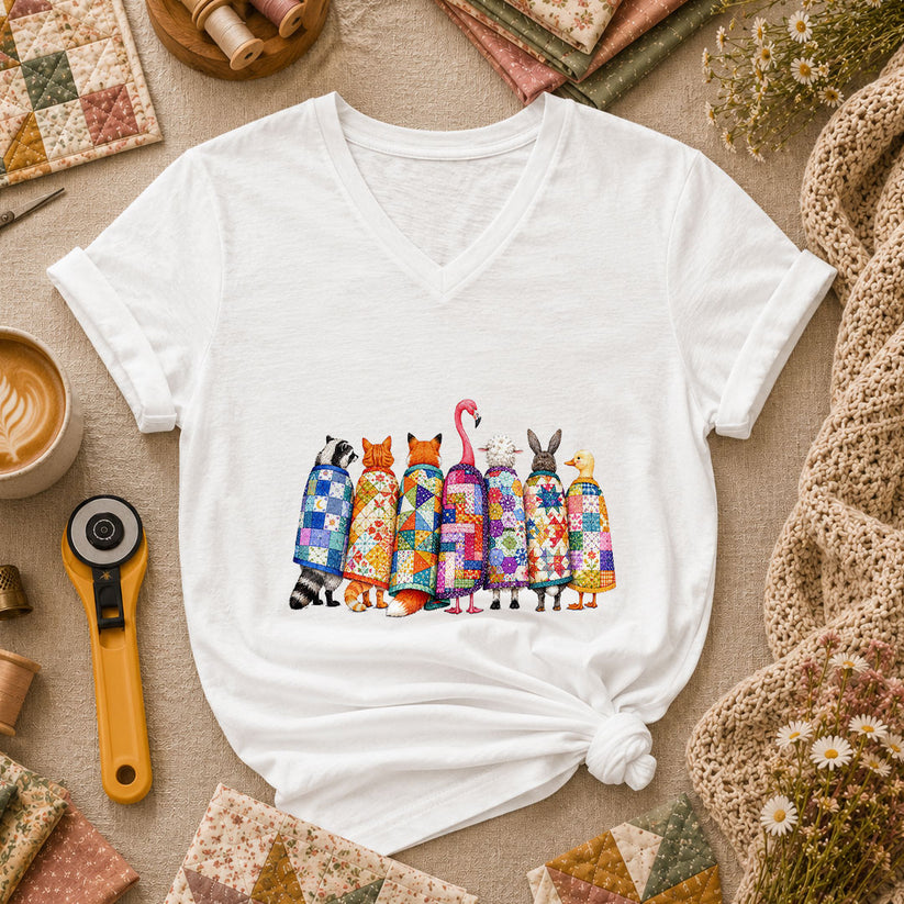 Cozy Quilted Animals Patchwork Friends Women's V-Neck - White
